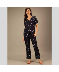  Womens Rayon Heart Print Collared Neck Night Suit